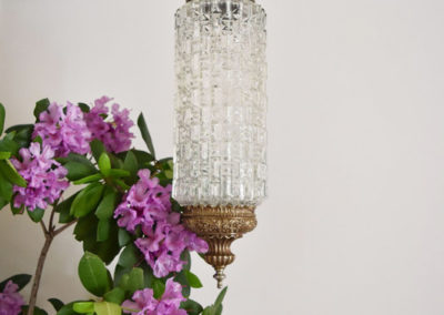 detail of a glass and bronze cylindrical chandelier hanging next to fuchsia plants