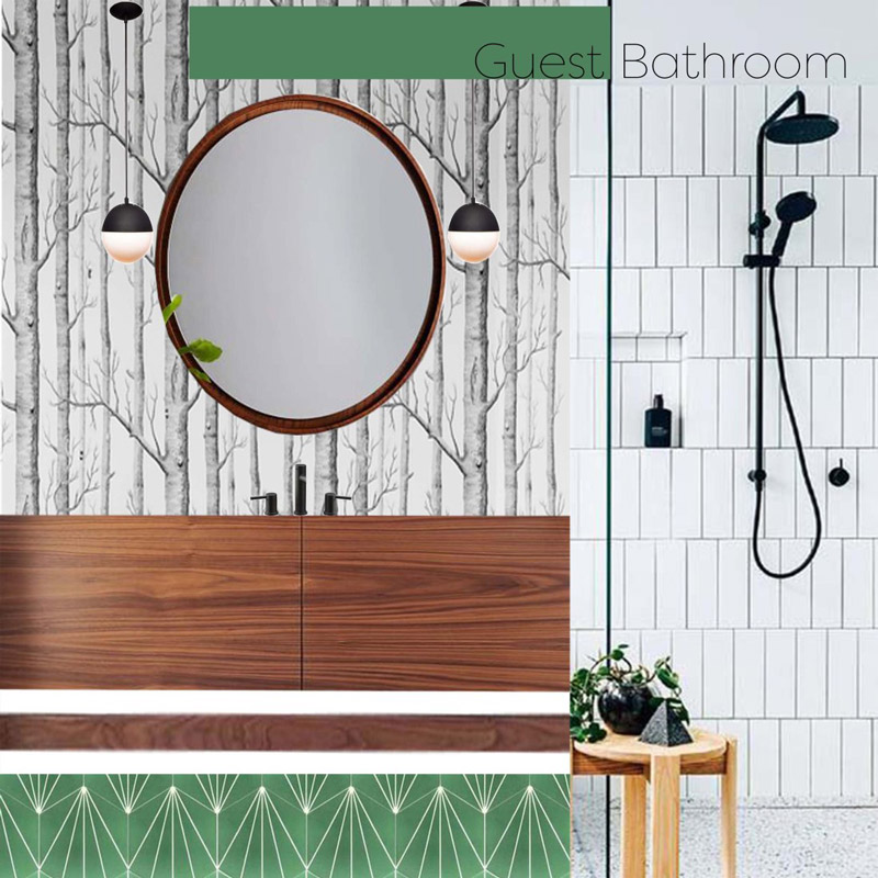 Brandi's mood board from the design process of the green tile bathroom